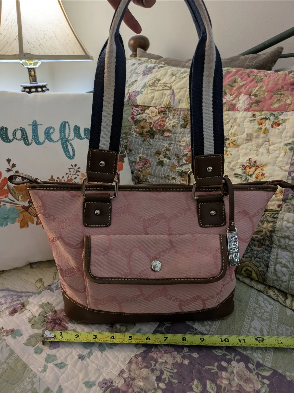 Chaps Pink Fabric Bag with Brown Trim and Charm